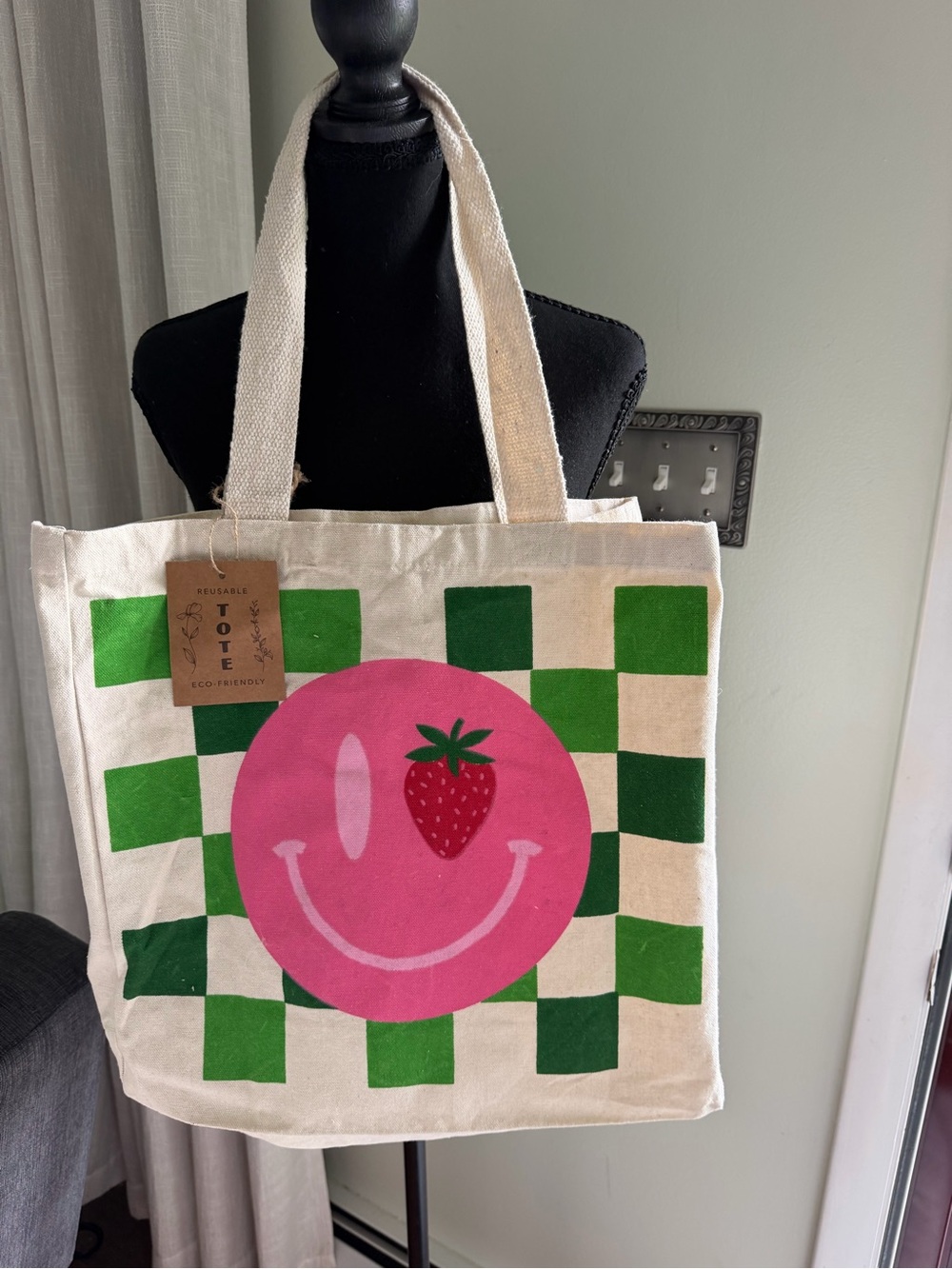 Pink Smile Strawberry Canvas Tote with Green Checker